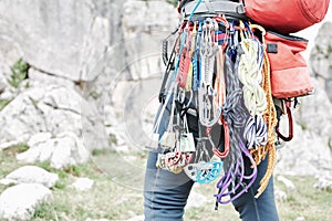 Trad climbing gear rack close up