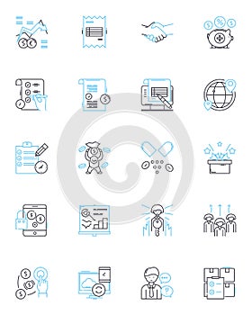 Trade agreement linear icons set. Agreement, Tariffs, Imports, Exports, Trade, Negotiations, Barriers line vector and