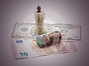 Trade Concept: King Chess Pieces On Dollar And Euro Banknotes,  On White