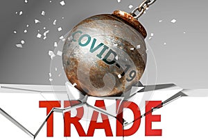 Trade and coronavirus, symbolized by the virus destroying word Trade to picture that covid-19  affects Trade and leads to a crash