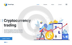 Trade crypto currency landing page, financial analysts trading in digital money market