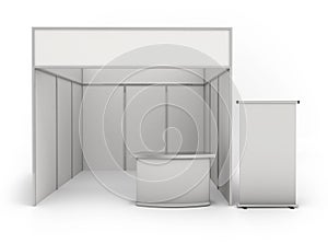 Trade exhibition stand and blank roll banner 3d render -