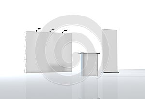 Trade exhibition stand, Exhibition round, 3D rendering visualization of exhibition equipment, Advertising space on a white