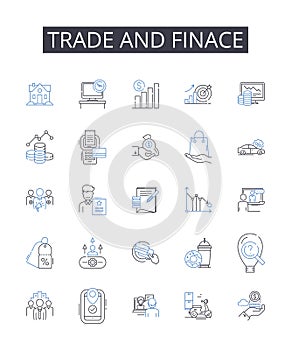 Trade and finace line icons collection. Commerce, Business, Transactions, Exchange, Barter, Market, Investing vector and