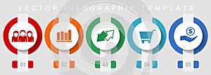 Trade flat design icon set, miscellaneous icons such as customers, graph, exchange, cart and bank, vector infographic template,