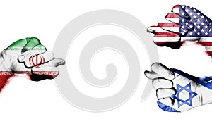 Trade and military conflict between Israel and Iran with the United States. Conceptual photo of two fists with figs isolated on a