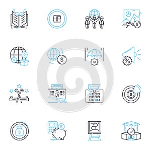 Trade regulation linear icons set. Competition, Antitrust, Monopoly, Cartel, Price-fixing, Mergers, Acquisitions line photo