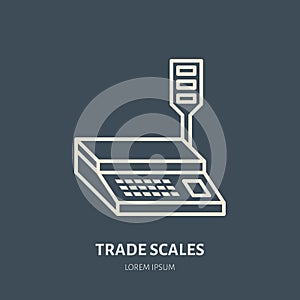 Trade scales vector flat line icons. Retail store supplies, trade shop equipment sign. Commercial object thin linear