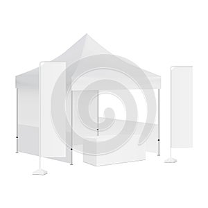 Trade show booth display stand - tent canopy, rectangular flags and demonstration table