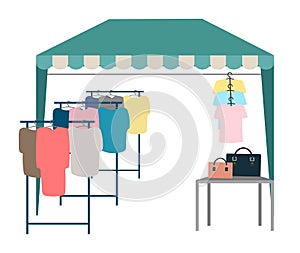 Trade tent with clothes flat vector illustration. Street market, fair awning. Outdoor local clothing store, shop cartoon concept