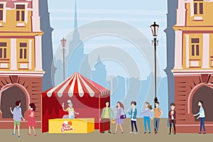 Trade tent, ice cream counter, seller under a canopy, outdoor composition, city, characters selling ice cream, drinks
