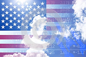 Trade war concept with us flag on cloudy sky stockwall background