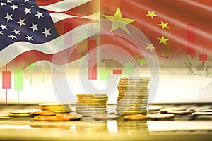 Trade war economy USA America and China flag candlestick graph background Stock market exchange analysis