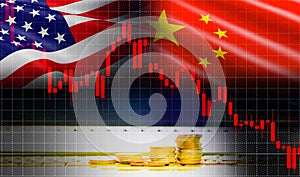 Trade war economy USA America and China flag candlestick graph Stock market exchange analysis