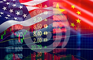 Trade war economy USA America and China flag candlestick graph Stock market exchange analysis