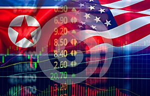 Trade war economy USA America and North Korea flag candlestick graph Stock market exchange analysis