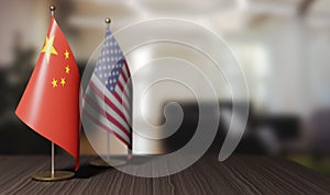 Trade war, small flags of China and the United States of America