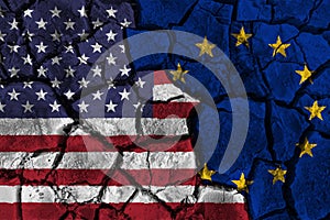 Trade war between United states of america Versus Europe . flag on cracked wall background . Confliction and crisis concept