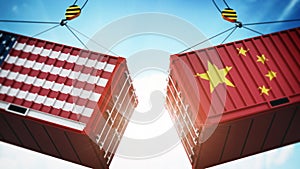 Trade wars concept with American and Chinese flag textured cargo containers clashing. 3D illustration