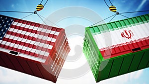 Trade wars concept with American and Chinese flag textured cargo containers clashing. 3D illustration