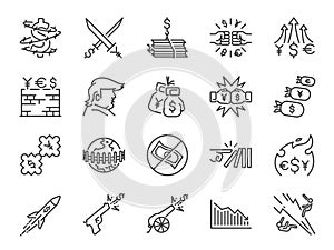 Trade wars icon set. Included icons as currency war, Economic sanctions, tax, tariffs, wall, crisis and more.