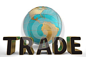 Trade word and globe on white background 3D illustration.