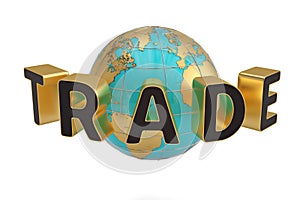 Trade word and globe on white background 3D illustration.