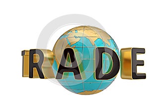 Trade word and globe on white background 3D illustration.