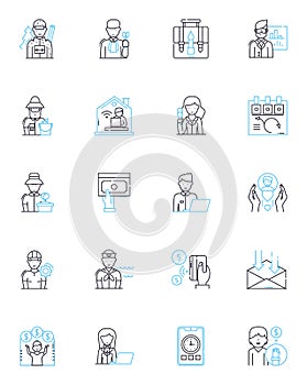 Trade work linear icons set. Carpentry, Plumbing, Electrical, Masonry, Welding, Painting, Roofing line vector and photo