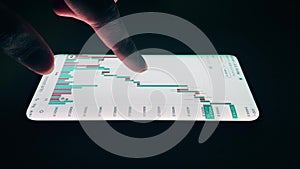 A trader analyzes candlestick charts of crypto in a smartphone application