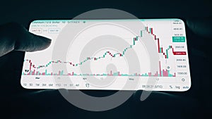 A trader analyzes candlestick charts of crypto in a smartphone application