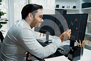 Trader analyzing in dynamic stock exchange investment screen on pc. Surmise.