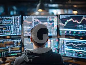 Trader Analyzing Financial Data on Multiple Screens