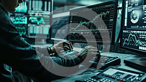 trader analyzing financial markets with multiple computer screens displaying real-time trading data, charts, and graphs