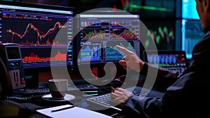 trader analyzing financial markets with multiple computer screens displaying real-time trading data, charts, and graphs