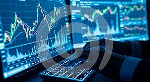 Trader analyzing stock market charts on multiple computer screens