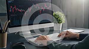 Trader analyzing stock market data on computer at office desk