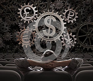 Trader or broker looking on currencies working gears 3d illustration