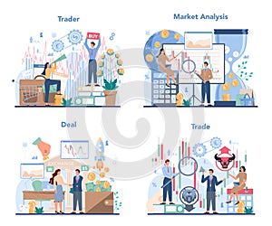 Trader, financial investment concept set. Stock market analysis.