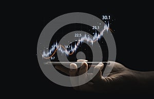 Trader hand holding smartphone with stock market graph chart on dark background for technical investment analysis concept