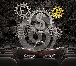 Trader or investor looking on currencies gears including bitcoin 3d illustration