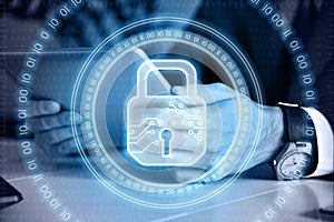 Trader man using tablet computer and digital lock icon hologram