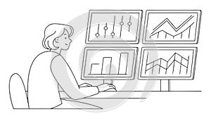 Trader Monitoring Multiple Screens, Stock Market Analysis, vector design Generative AI