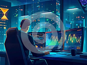 Trader Monitoring Stock Market at Night