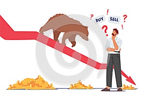 Trader Searching Wise Financial Solution for Money Concept. Doubtful Businessman Character Thinking Buy or Sell Money