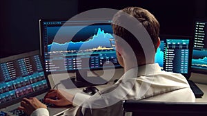 Trader working in office at night using workstation and analysis technology. Stock markets, crypto currency, global