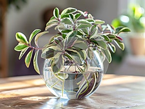 Tradescantia zebrina cutting growing in glass vase with water