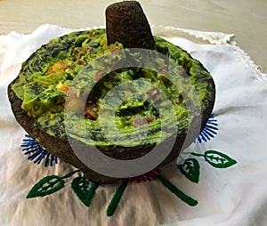 Guacamole in a stone molcajete