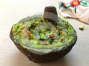 Guacamole in a stone molcajete
