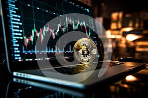 Trading Bitcoin Computer screen displays Bitcoin with a dynamic trading graph